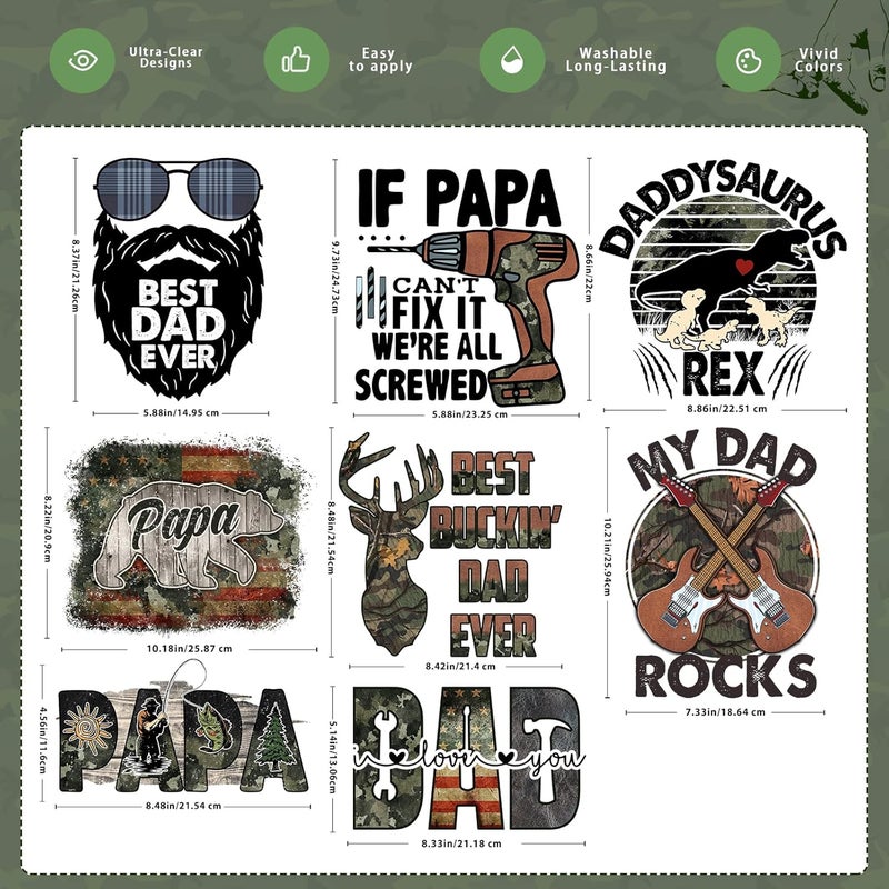 HTVSTD 16 Sheets Father's Day Iron on Transfers DTF Transfers Ready to Press Camo Papa Iron on Decals for T-Shirts Retro Camo Dad Heat Transfer Vinyl Iron on Decals for DIY Patches Decals - Image 3